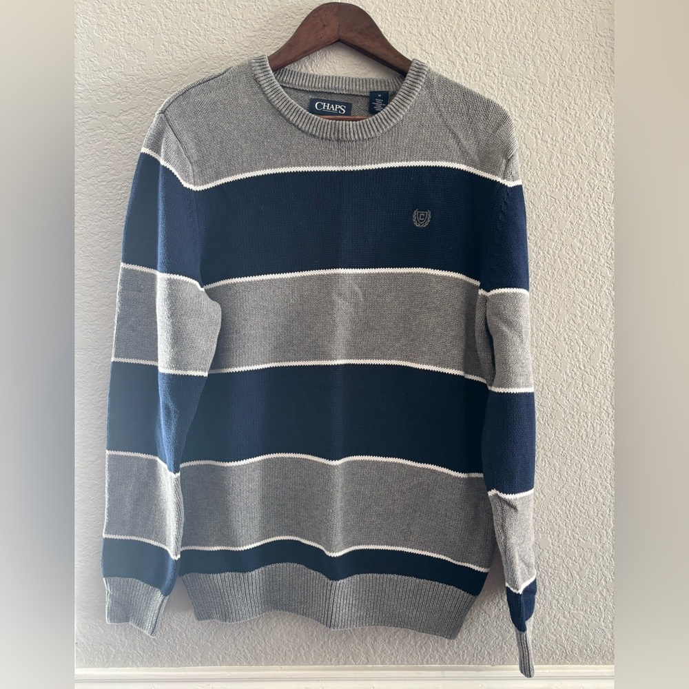 Chaps Men’s Striped Cotton Sweater – Size M – Gray & Navy Blue